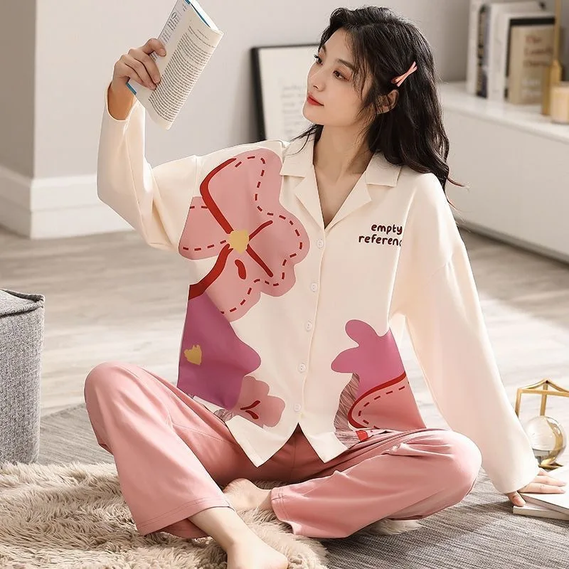 Pure Cotton Pajamas Women Spring Autumn Sleepwear 2024 New Long Sleeved Pyjamas Cardigan Set Home Clothing Pajama Set Nightdress