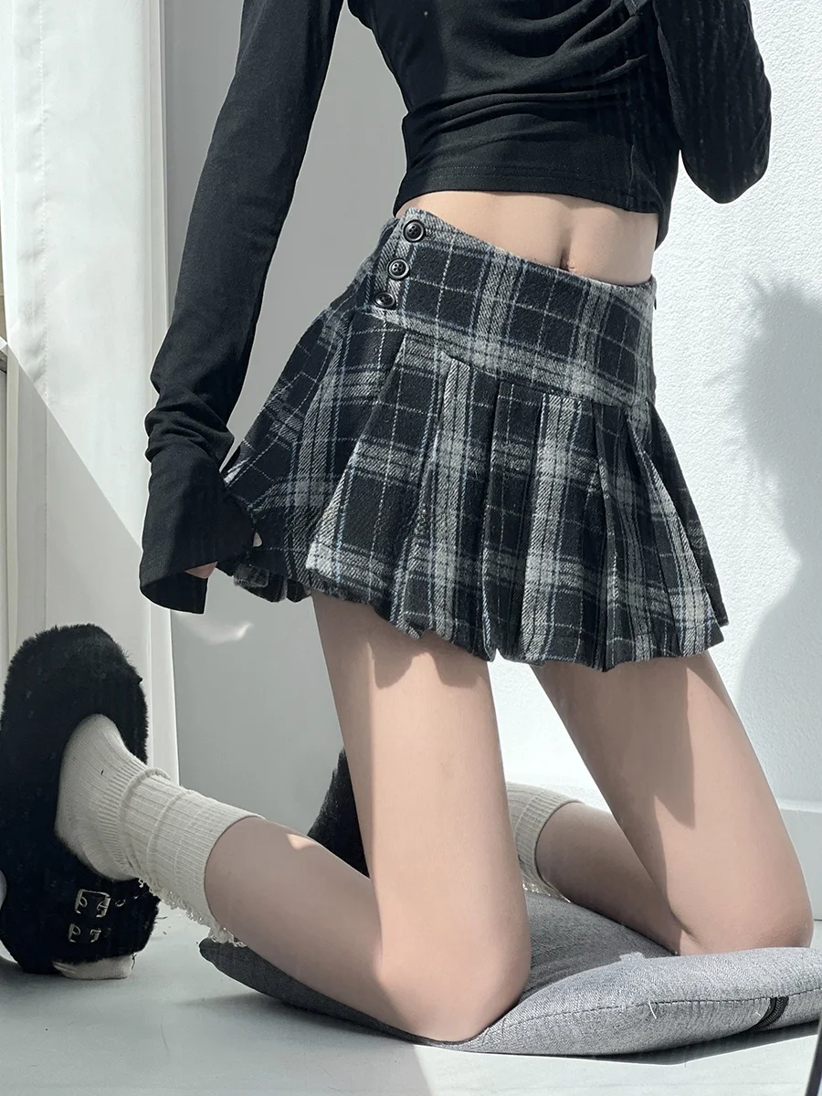 American Casual Retro Plaid Pleated Short Skirt Women's College Style Wool Comfortable Anti-Light Half Skirt Street Style Low...