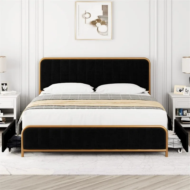 

Upholstered King Size Bed Frame with 4 Storage Drawers and Headboard, Heavy Duty Metal Mattress Foundation with Wooden Slats