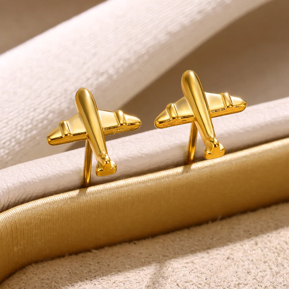 Gold Color Stainless Steel Earrings For Women Mini Aircraft Small Stud Earrings Fashion Jewelry Party Friends Best Gifts