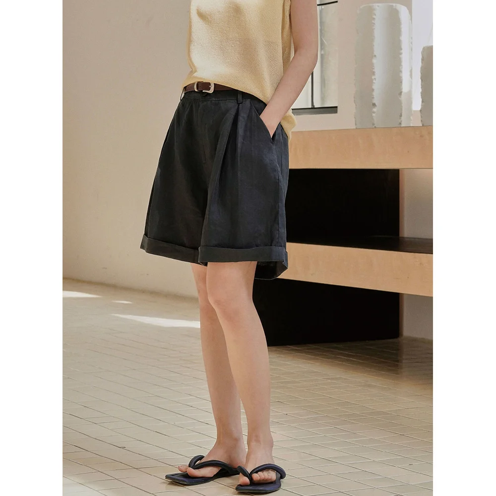 Summer Korea Style Lazy Linen Curled Shorts Wide Leg Loose Slim Casual Hot Pants For Women