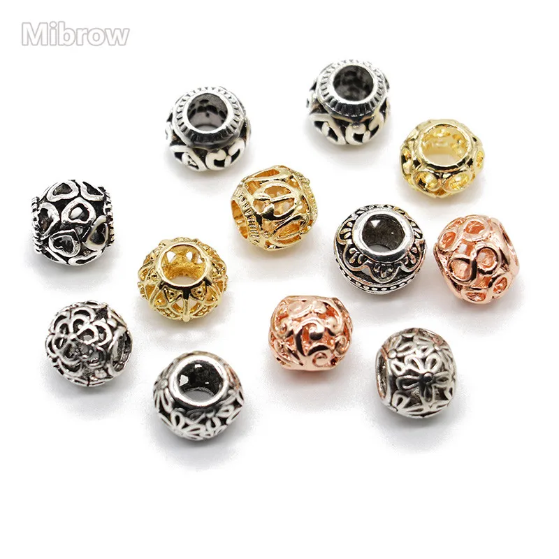 Mibrow 10pcs 로즈 골드 컬러 라운드 유럽 5mm 큰 구멍 매력 비즈 스페이서 매력 비즈 DIY 팔찌 쥬얼리 결과 만들기