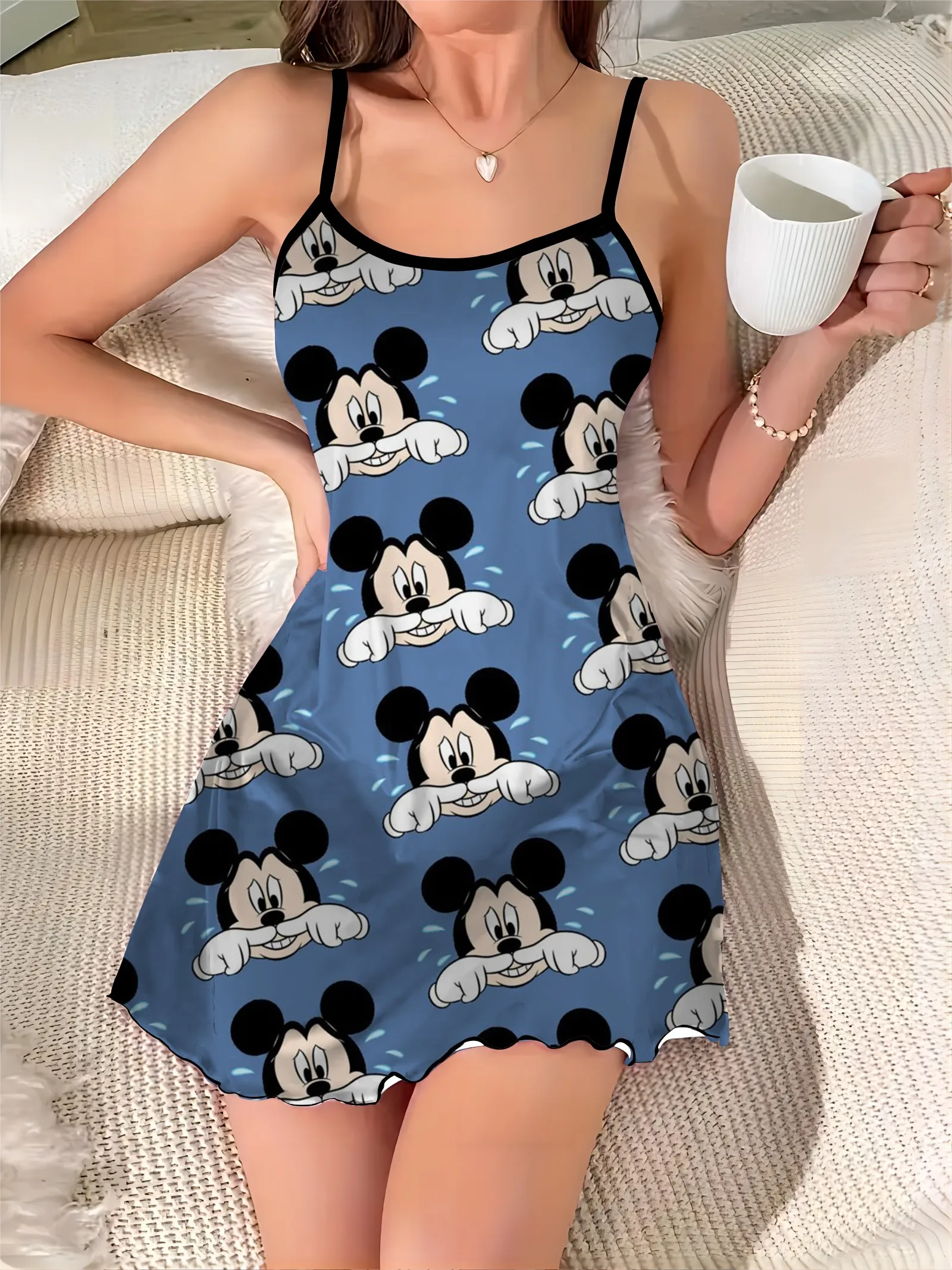 Lattuga Trim abiti eleganti per le donne girocollo Disney Minnie Mouse vestito Sexy Mickey Satin Surface pigiama gonna Chic Mini Trim