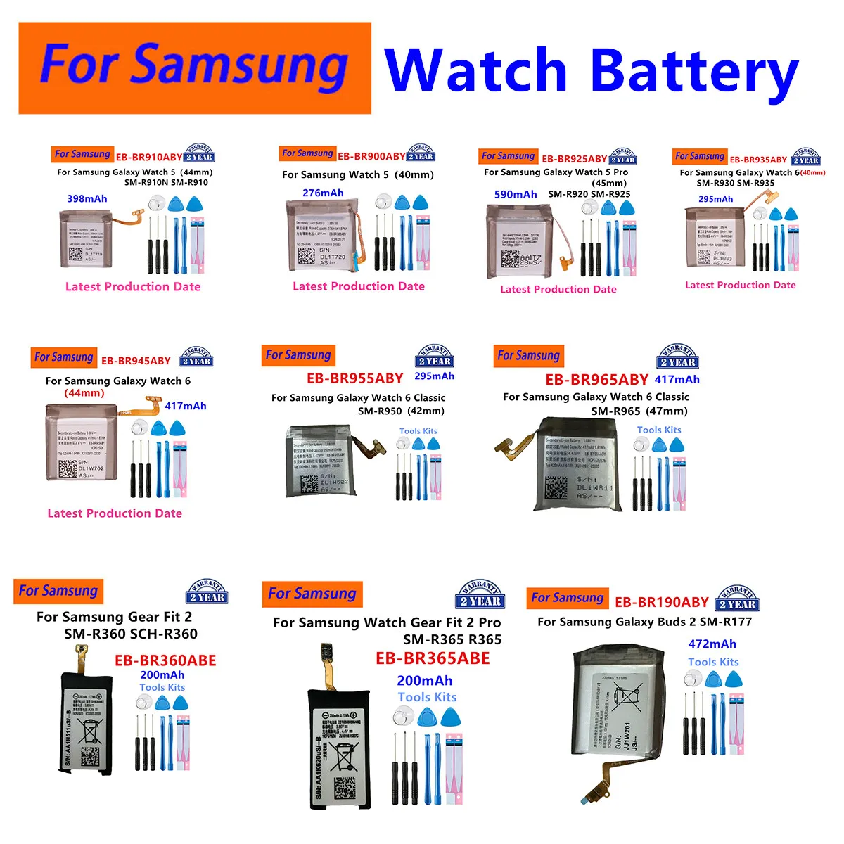 EB-BR900ABY EB-BR910ABY For Samsung Galaxy Watch 5 Pro 45mm 40mm Watch 6 Classic 47mm Gear Fit 2 Pro Galaxy Buds 2+Tools