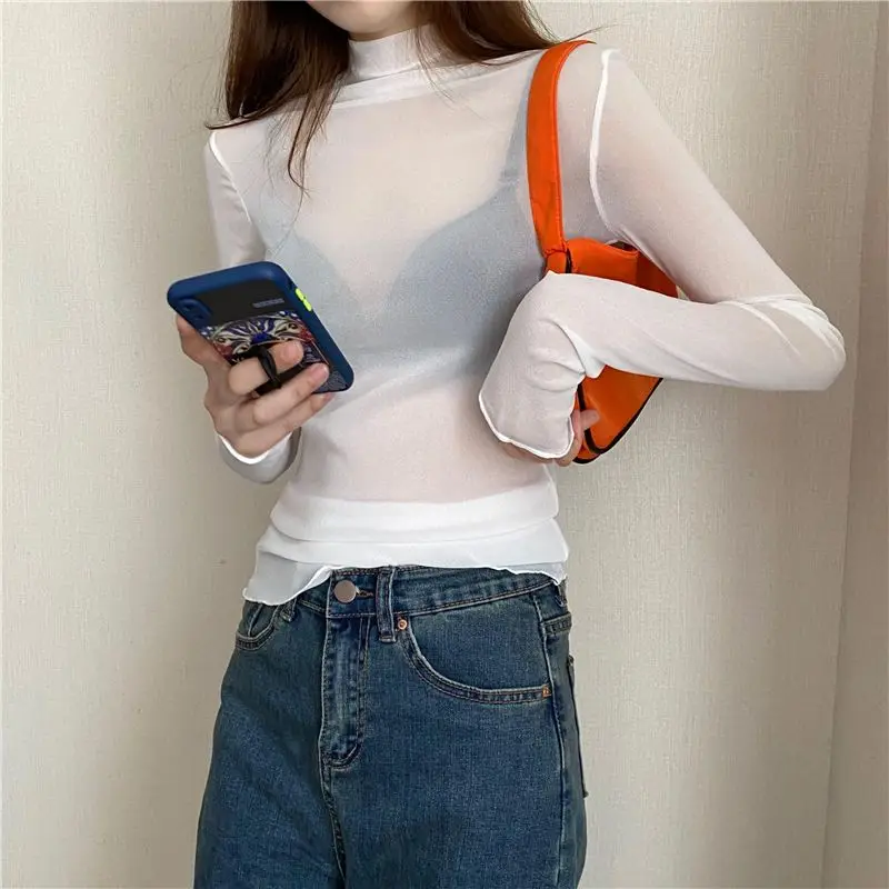 Women Lace Bottomed Blouse T-shirt Long Sleeve Transparent Hollow Mesh High collar fungus Spring T-Shirt For Women Beach Shirts