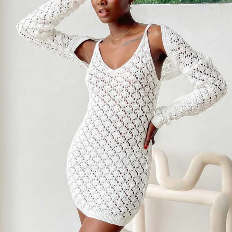 2024 Summer New Women's Solid Color Sexy Knitted Beach Bikini Swimsuit Cover Up Sun Protection Set