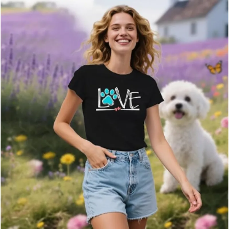 

Рубашки для любителей собак для женщин, милая футболка с принтом «Лапа, любовь, сердце», футболки с короткими рукавами для собак и мам