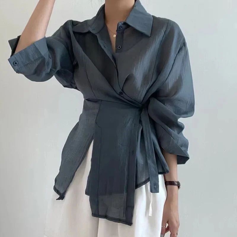 Fashion Long Sleeve Irregular Women Shirt Loose Casual Sunscreen Blouse Elegant Office Women Button Ladies Shirts Tops 15674