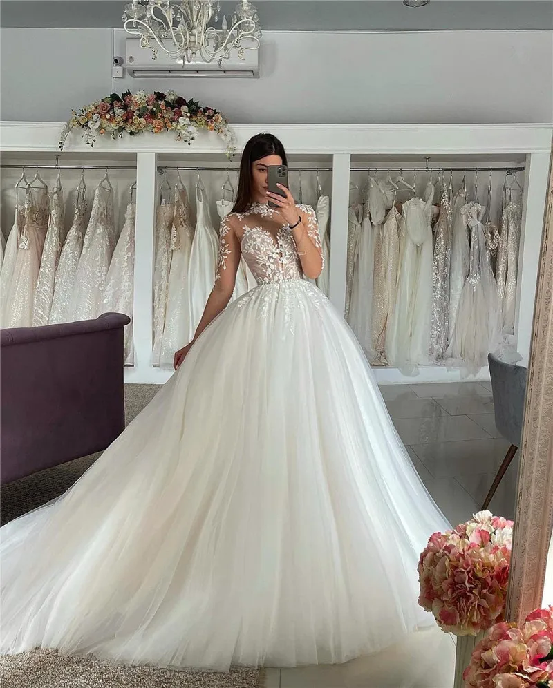 Lorie vestidos de casamento de manga longa uma linha sweatheart pescoço vestido de noiva apliques rendas vestidos de casamento 2023 personalizado