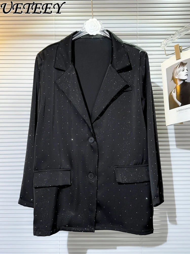 Starry Shiny Rhinestone Acetate Satin Suit Jacket Women\'s Spring Autumn Thin Korean Style Black Long Sleeve Blazer Coat