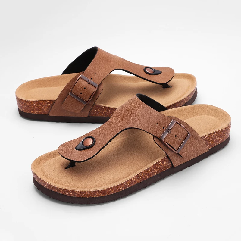 Litfun-chanclas planas para hombre, sandalias informales acogedoras para dormitorio, zapatillas de corcho para verano, toboganes de suela suave para el hogar con soporte para arco