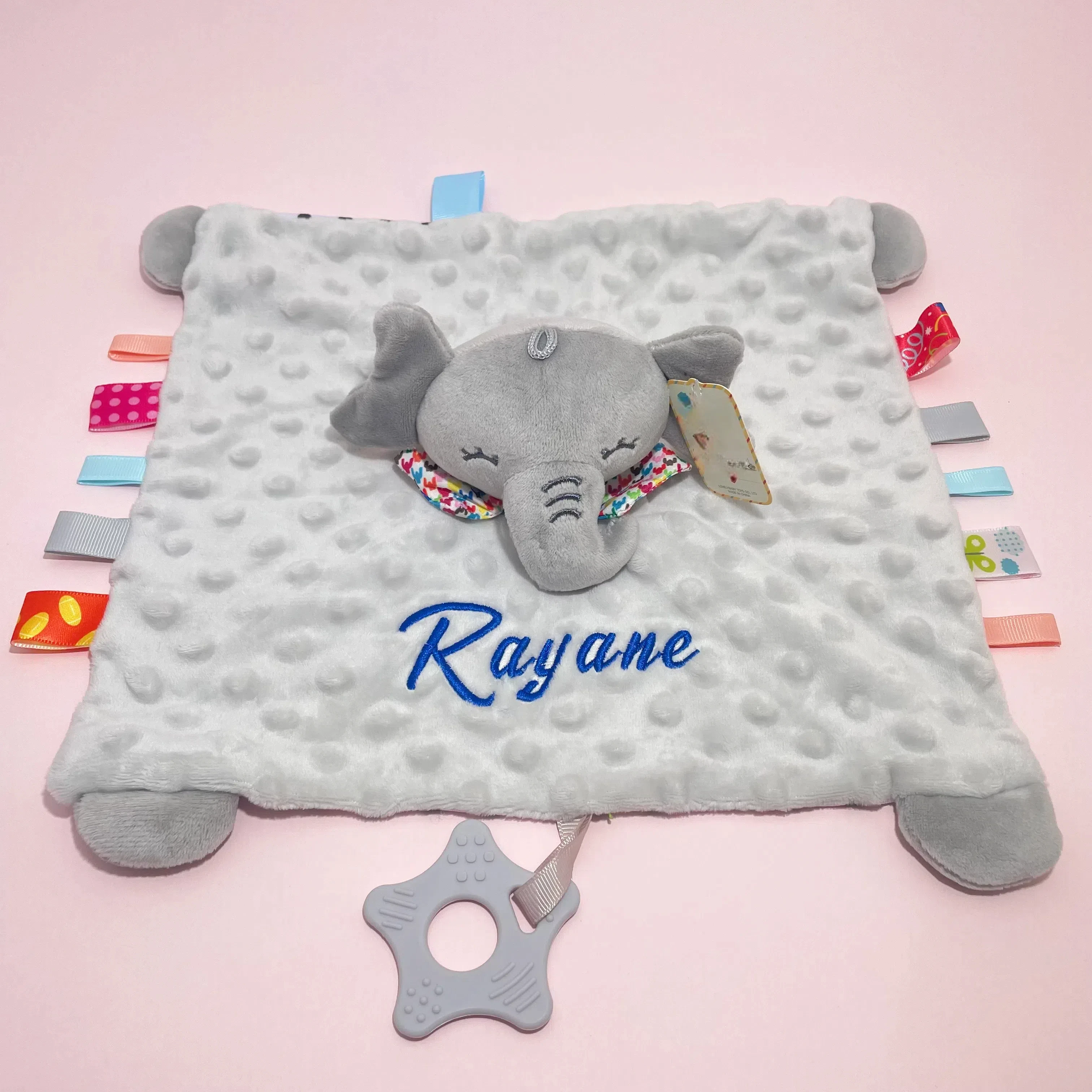 Personalisierte Baby-Elefant-Sicherheitsdecke mit Bio-Baumwoll-Silikon-Beißring, hypoallergene Geschenke für die Dusche von Neugeborenen – Detail 18