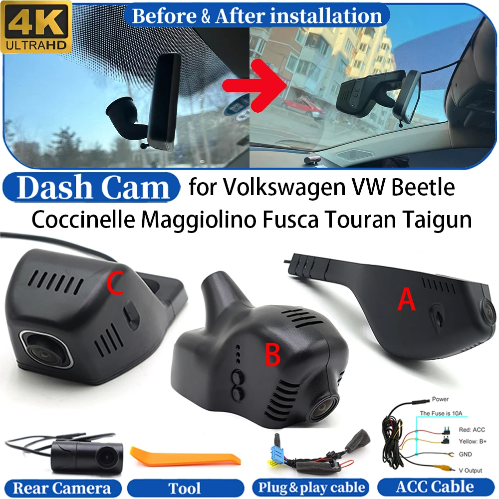 Cámara para Tablero de Instrumentos para Volkswagen VW Caddy Amarok Touareg Gol Voyage Saveiro Ameo, Cámara Delantera y Trasera 4K DVR, Grabadora de Video para Conducción