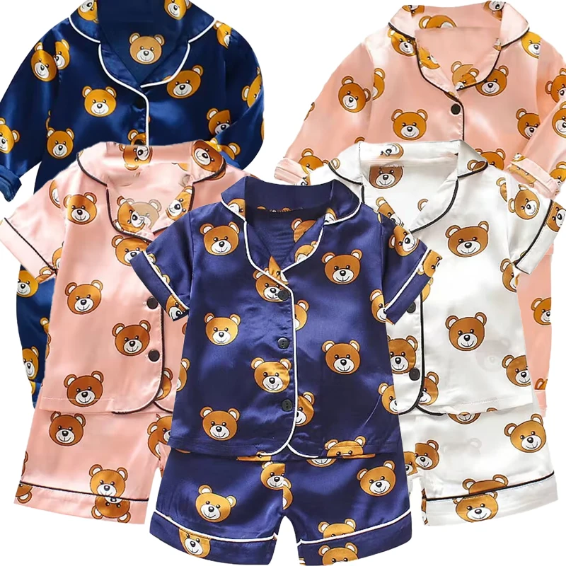 summer new cartoon suit boys' and girls' casual pajamas suit baby silk ice short sleeve shorts housewear suit