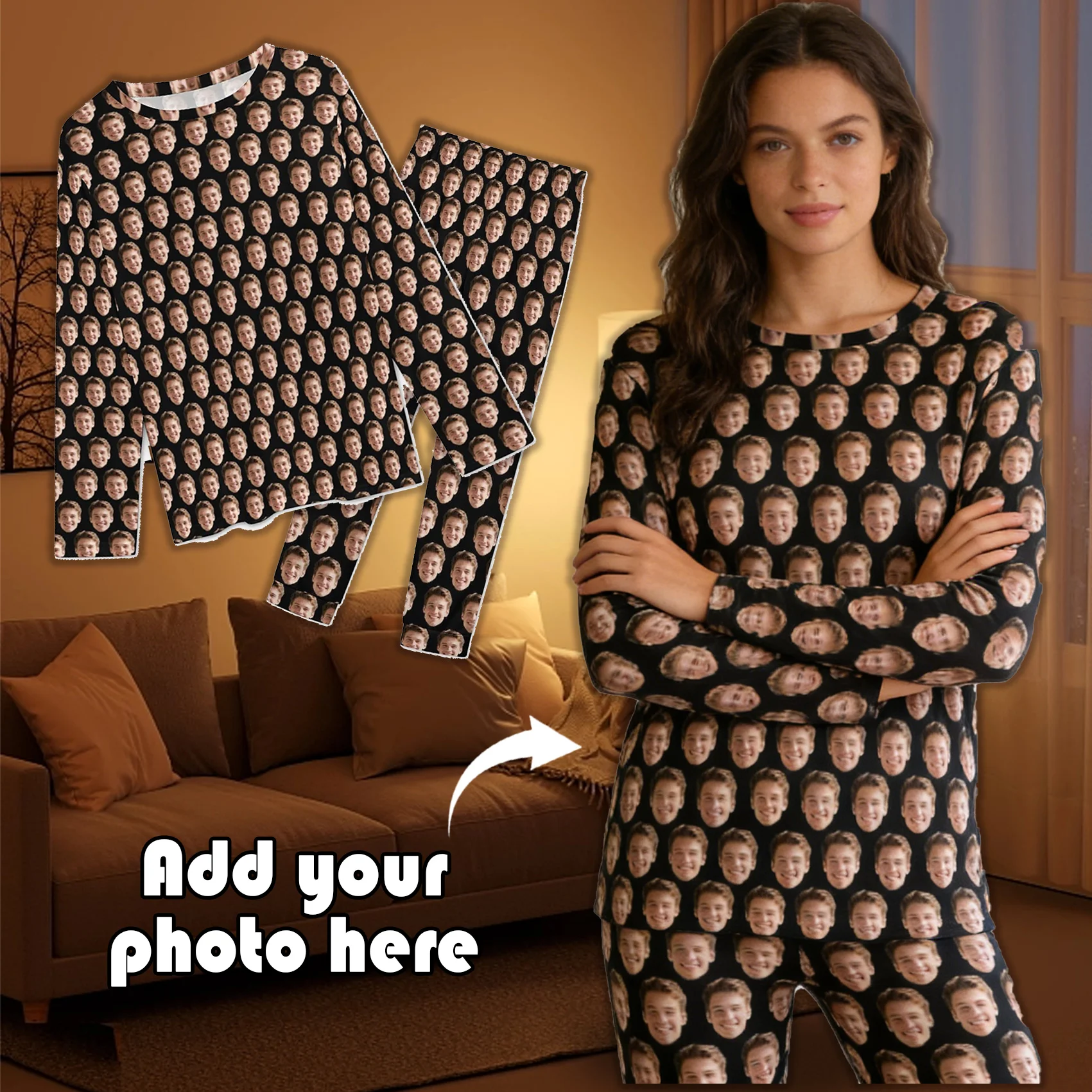 

Custom Crew Neck Pajama Set Personalized Images and Text Gifts Couples Spouses Friends Pets Family