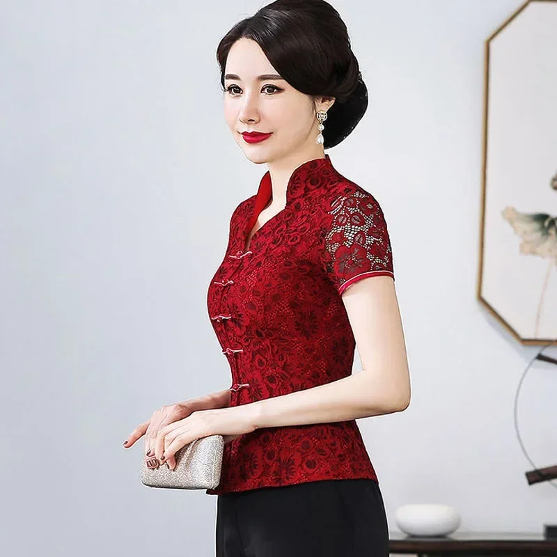 Cheongsam-Tops de talla grande para mujer, camisas de encaje ahuecadas de manga corta, estilo chino tradicional, traje Tang rojo, Qipao, 2024