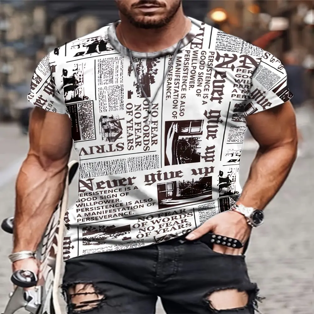 New Summer Plus Size Men\'s Retro Casual Newspaper 3D Printing Fashion Round Neck Pullover Short Sleeve Loose Top Design Harajuku