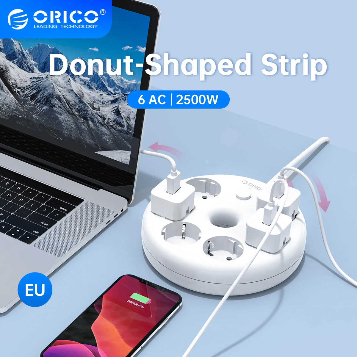 ORICO Electrical Multiple Socket with Extension Cable Power Strip EU Plug 6AC Outlets 1.5m Office and Home Overload Protection