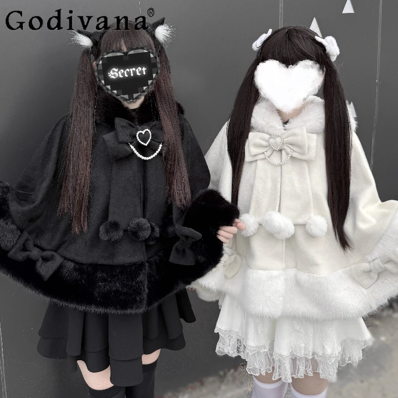 

Original Japanese Lolita Sweet Hooded Cloak Autumn Winter New 2025 Girls Cute Bow Plush Thickened Short Jacket Y2K Capes Ponchos
