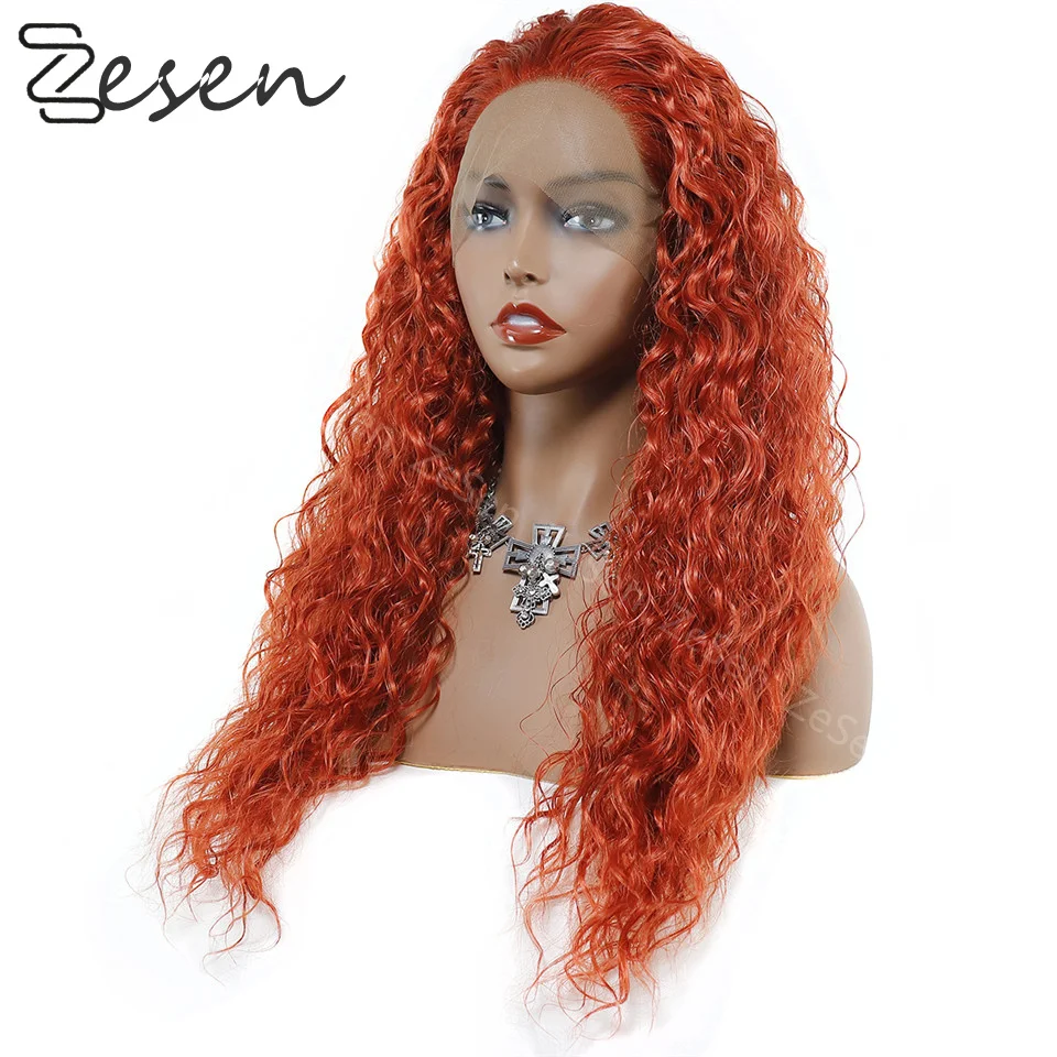 26 Inches Gember Oranje Lange Losse Krullend Synthetische Pruiken Lace Front Pruik Voor Zwarte Vrouwen Diepe Golf Dagelijks Cosplay Warmte slip