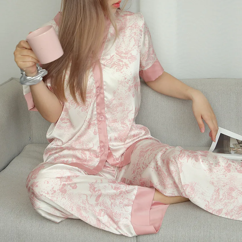 

Pink Print Ice Silk Print Fashion Women Pajama Set Long Sleeve Suit Pajamas Lady Rayon Sleepwear Summer New Loungewear Pjs