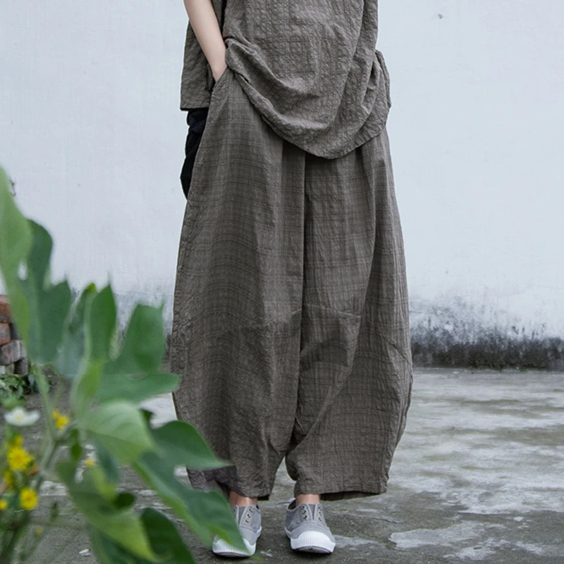 

Women Cotton Linen Casual Pants New Arrival 2025 Summer Vintage Style Plaid Pattern Loose Comfortable Female Harem Pants M698
