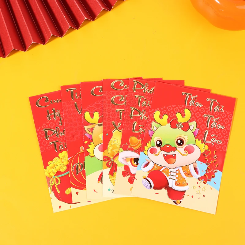 6Pcs Cute China The Year Of The Dragon Decorative Envelopes Chinese Style Dragon Red New Year Purse Luck Money Bag