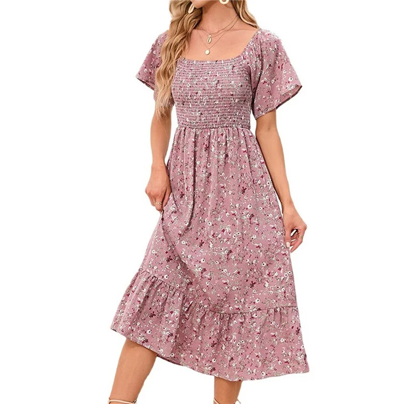 ABRT-Women's Chiffon Floral Dresses Casual Summer Boho Flutter Sleeve Flowy Western Dress MY112