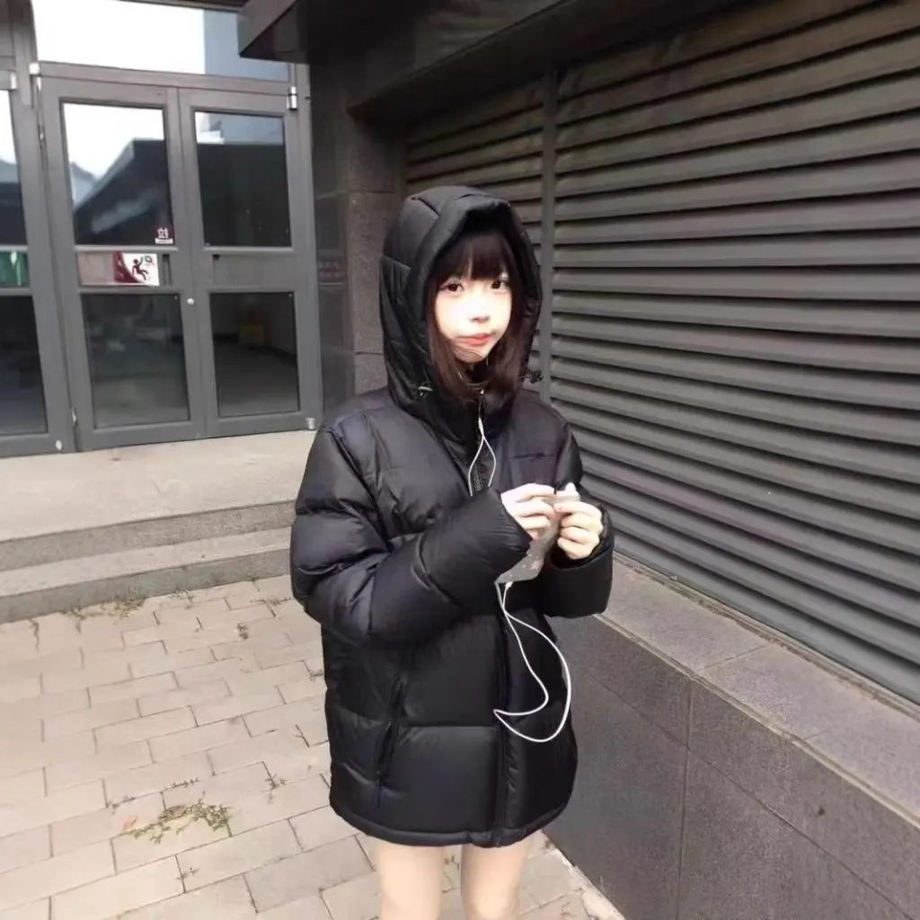 

Women's Black Hooded Cotton-Padded Coat Winter Thickened Warm Solid Color Korean Style Couple's Bread Coat