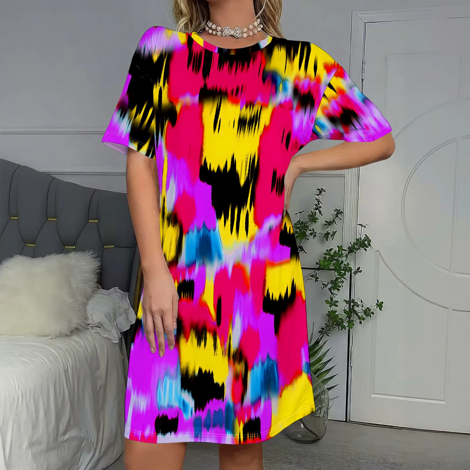 

Neon Print,Short Sleeve Dress,Colorful Tie Dye,Abstract Art Pattern,Casual Party Wear,S-2XL