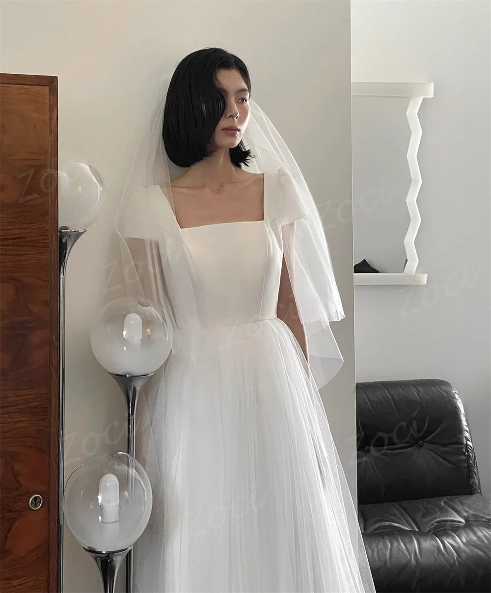 Zoci ชุดแต่งงานเกาหลีคอเหลี่ยมแขนสั้นชุดเจ้าสาว A-Line ชุดเจ้าสาวยาวชั้นที่กําหนดเองชุดราตรี