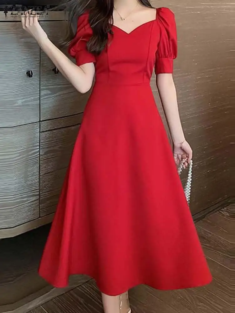 ZANZEA Elegant Waist Party Dresses Vintage Evening Dress Women Puff Short Sleeve A-line Robe 2024 Summer Wedding Midi Vestidos