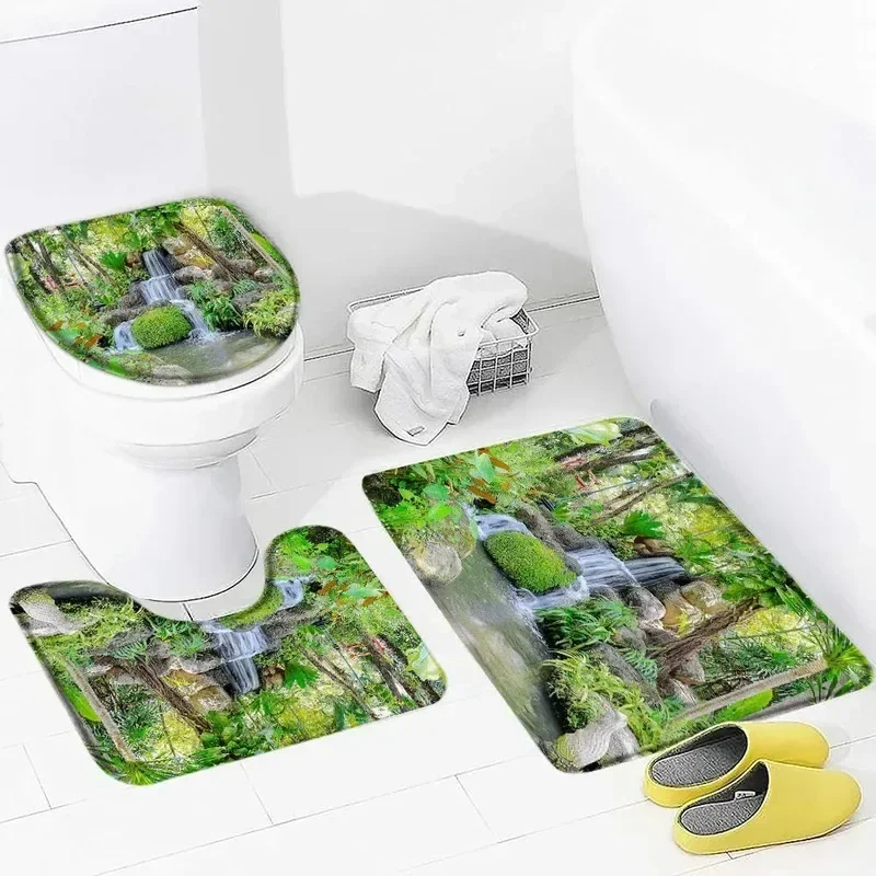 

IJH36Лесной водопад, набор ковриков для ванной, тропические растения в джунглях, природный пейзаж, домашний декор для ванной комнаты, нескользящие коврики, крышка для унитаза, 2 МГ $