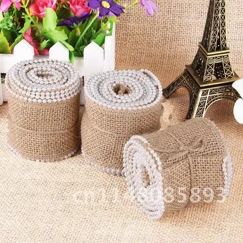 5cm Natural Burlap Hessian Ribbon Vintage with Bead for Wedding Party Decoration ,  Lace Trim for Craft AA7886