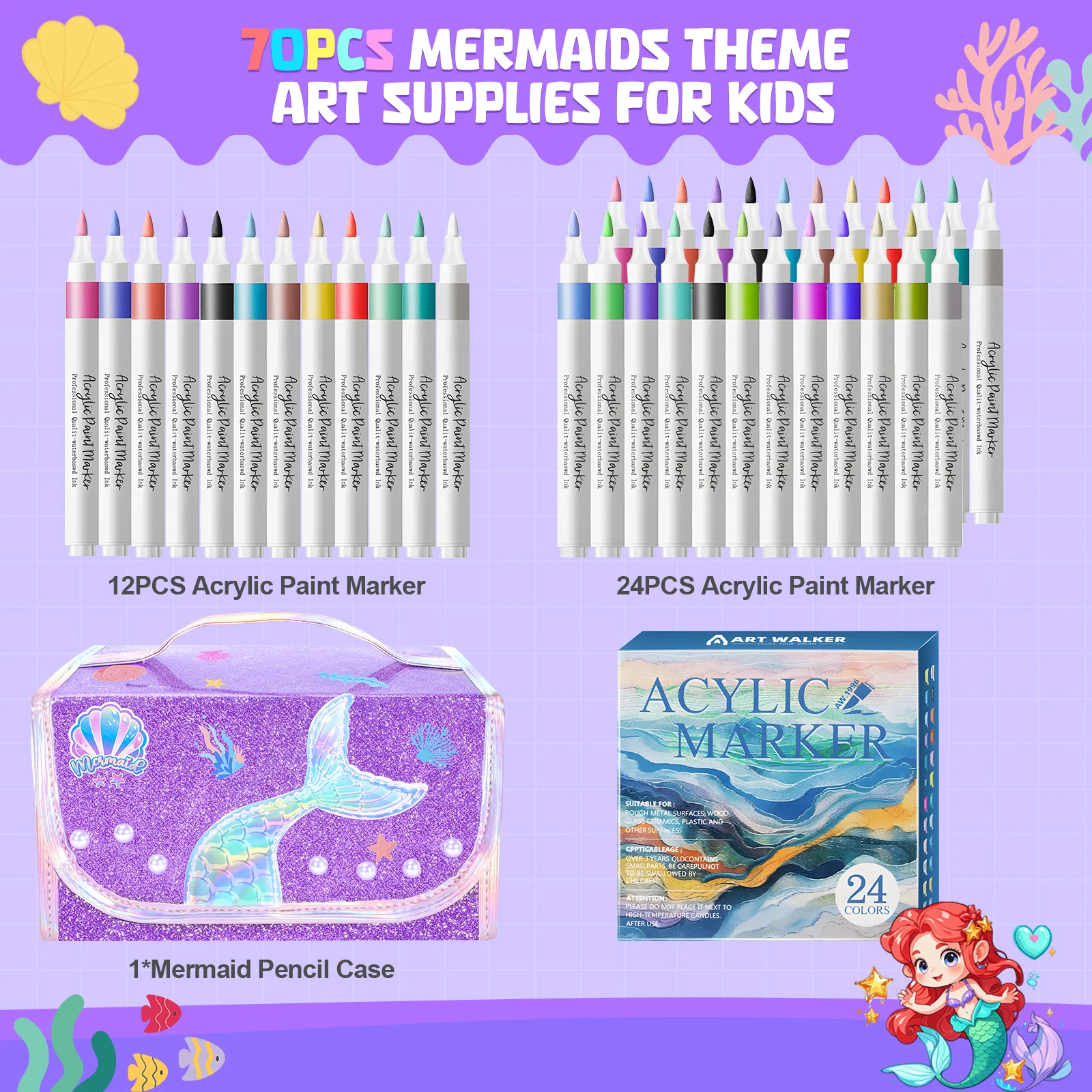 Mermaid Pencil Case For Kids Glitter Purple Pencil Bag Color Pens Set With Case Cute School Stationery Box girl’s Christmas Gift