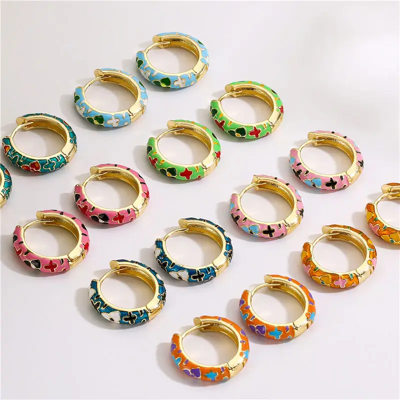 HECHENG,Vintage Enamel Flower Small Hoop Earrings Trendy Geometric Statement Round Circle Huggie Earring Fashion Jewelry Brincos