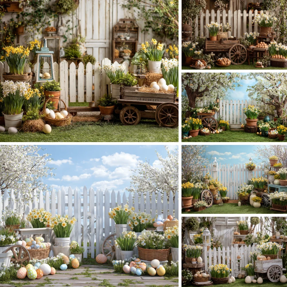 

Happy Easter Photography Backdrops Rabbit Eggs Flower Photoshoot Background Baby Shower Birthday Party Decorations Banner