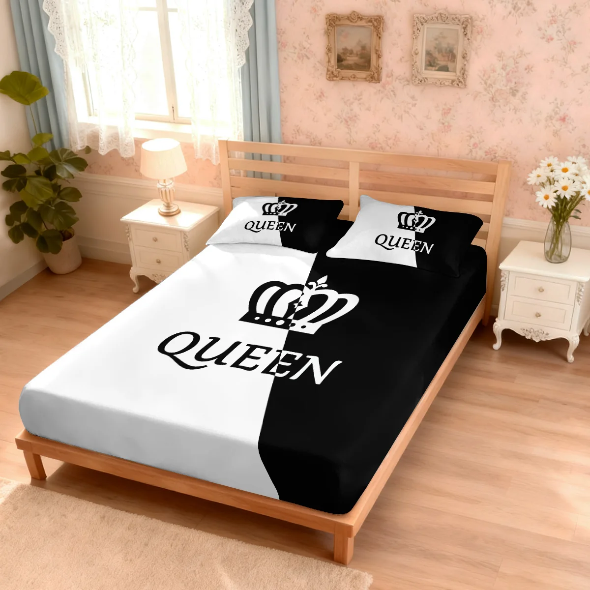 3pcs Black And White Contrasting King Queen Printed Coreless Bed Sheet Set Multi Size Soft Bed Cover, Bedroom Bedding Decoration