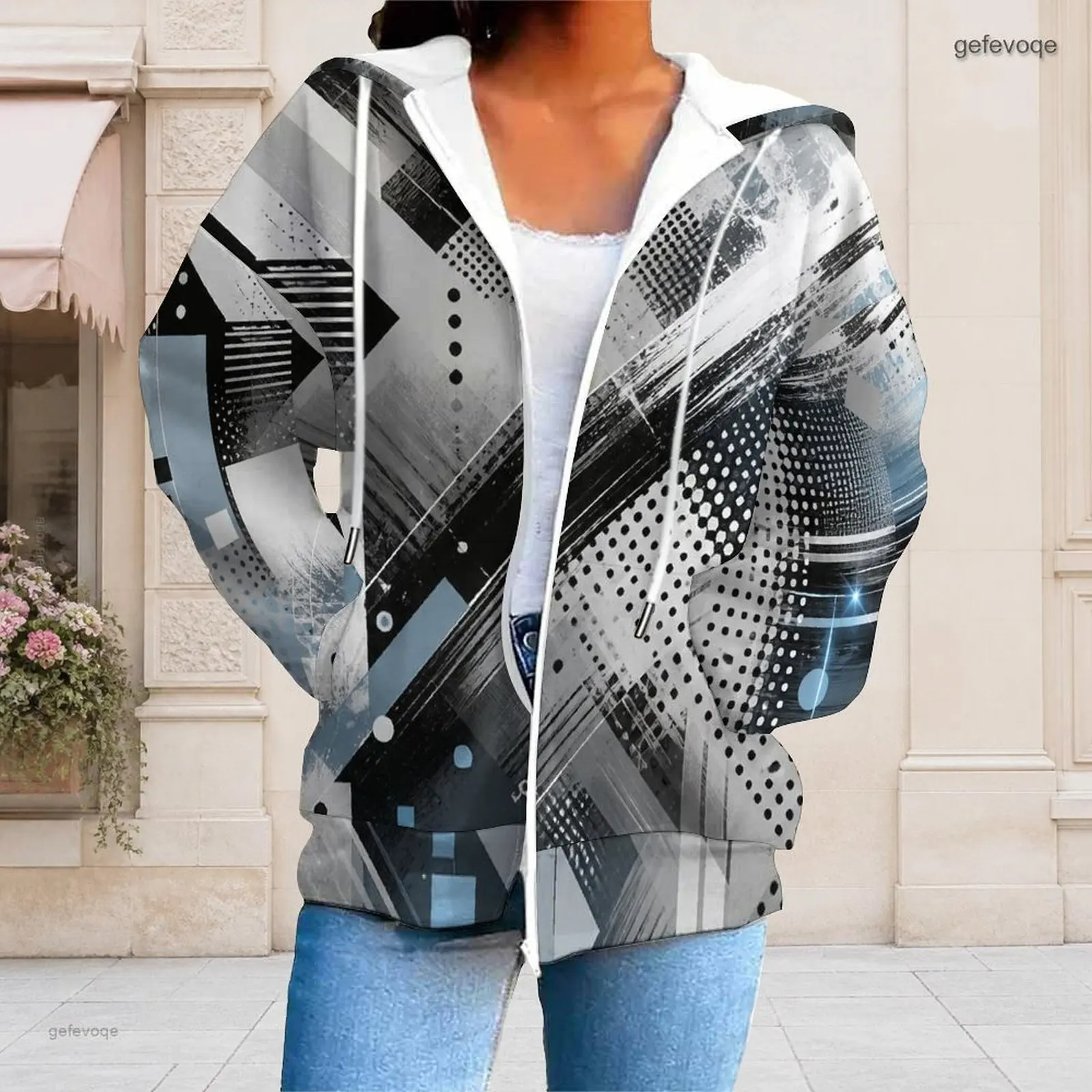 Women Abstract Geometric Printed Black White Grey Light Blue Long Sleeve Full Zip Drawstring Hoodie