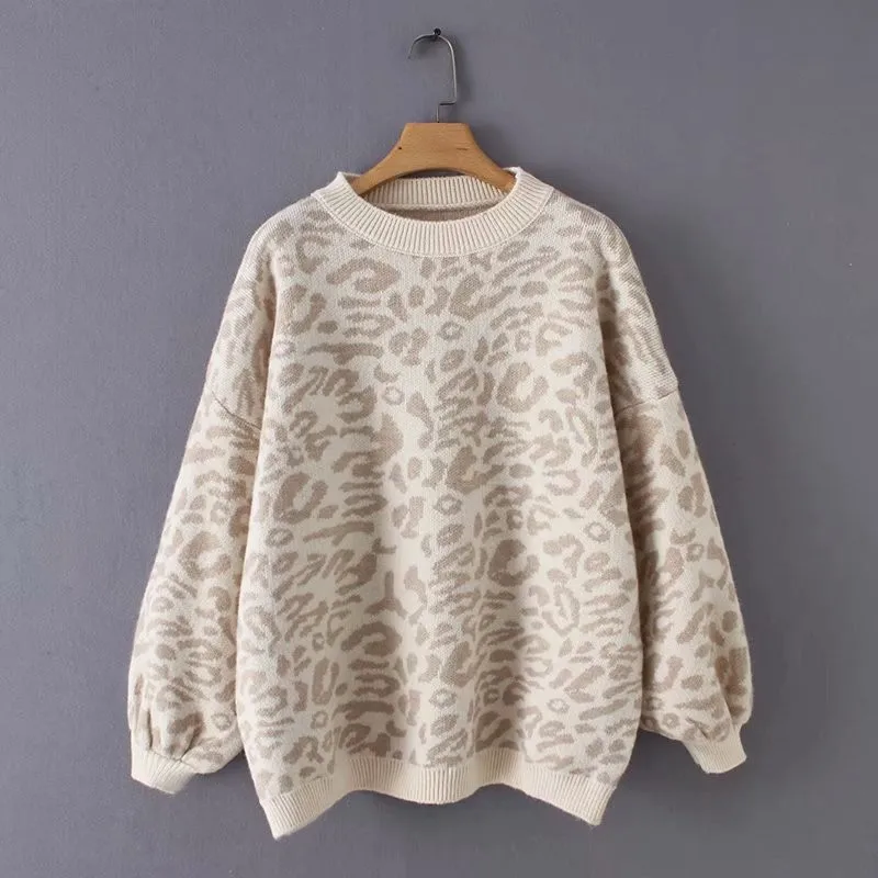 Women Loose Round‑Neck Leopard Lantern‑Sleeve Pullover Knitwear For Autumn Winter Street Commuter Casual Wear Women's Sweater