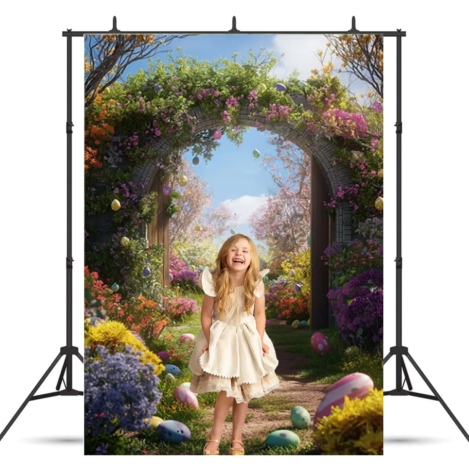 Easter Fantasy Theme Background Green Arches Path Colorful Eggs Party Decoration Children Portrait Gift Banner Shooting Prop