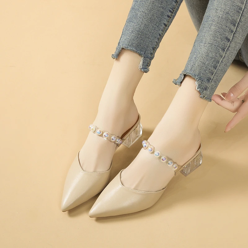 Fashion Sandals Slippers Summer Middle Heel 2023 New Style Temperament Thick Heel Pearl Solid Color Simple Fashion Single Shoe