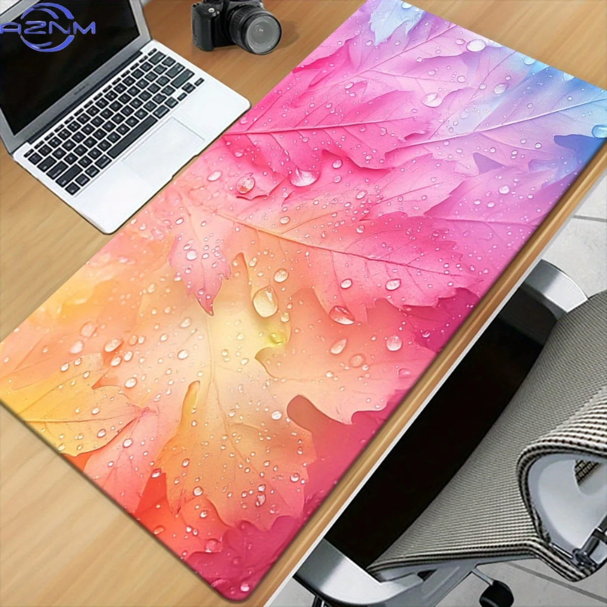 1pc XXL Large Gaming Desk Mat - Multicolor Pink, Orange, Yellow, Green, Blue, Red Maple Leaves Water Droplet Glossy Surface - No