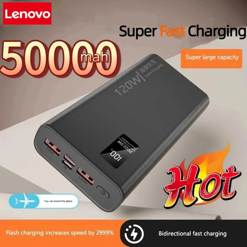 Lenovo 50000mAh High Capacity Power Bank Fast Charging Powerbank Portable Battery Charger For iPhone Samsung Huawei New