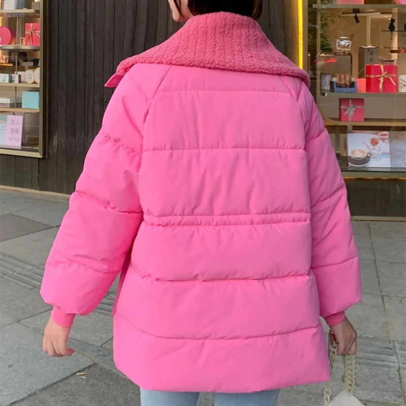 2023 New Women Winter Thicken Lamb Wool Warm Casual Parkas Solid Color Big Pocket Lapel Jackets Fashion Loose Large Size Outwear