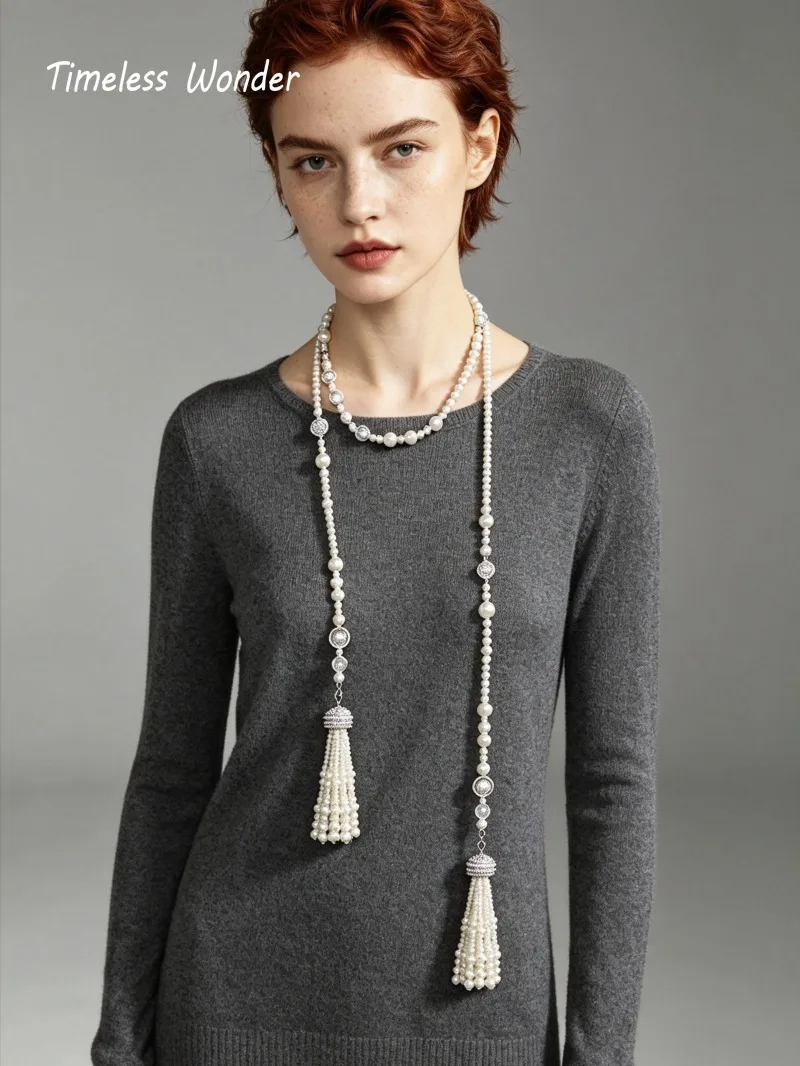Timeless Wonder Fancy Zircon Glass Pearl Beaded Tassel Necklace Women Designer Jewelry Trendy Party Classy Versatile 4526