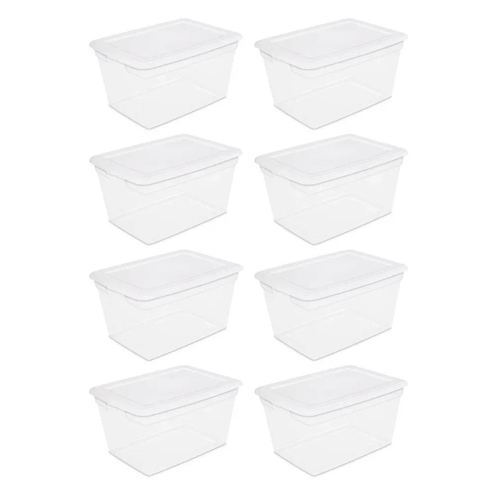 

58 Qt Storage Box Clear Base White Lid Set of 8 Ideal for A Variety of Basic and Lightweight Household Storage Needs