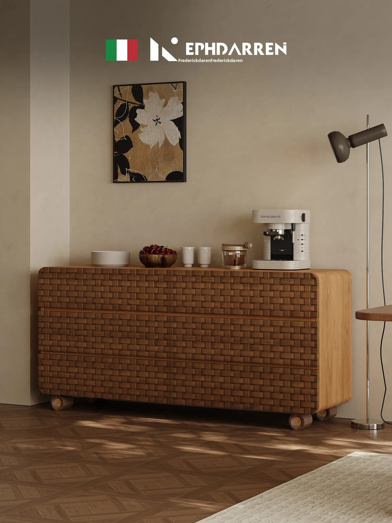 Retro walnut dining side cabinet, living room is integrated with the wall, medium and ancient style light luxury