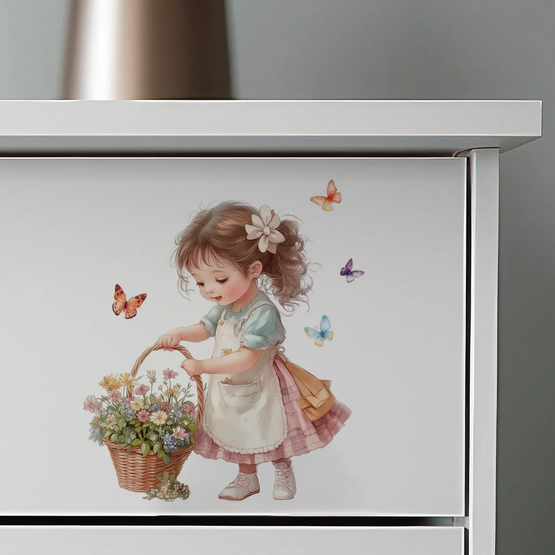 MT1104# Girl and Floral Basket Wall Sticker Decal for Bathroom & Home Decor, Irregular Shape, Easy to Apply on Walls, Toilet Lid