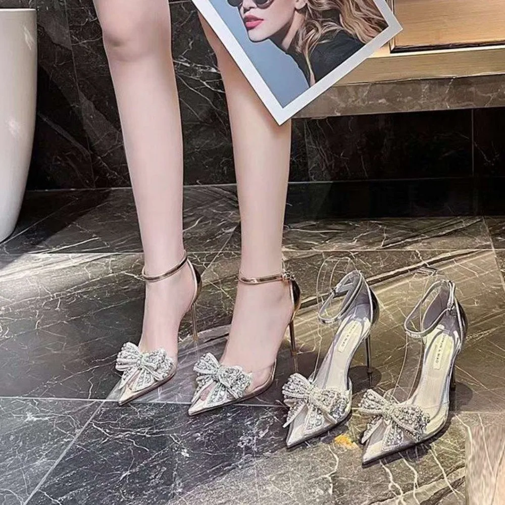 Summer Women\'s Sandals T-straps New Fashion Pointy PVC Transparent High-heeled Shoes with Rhinestone Bow